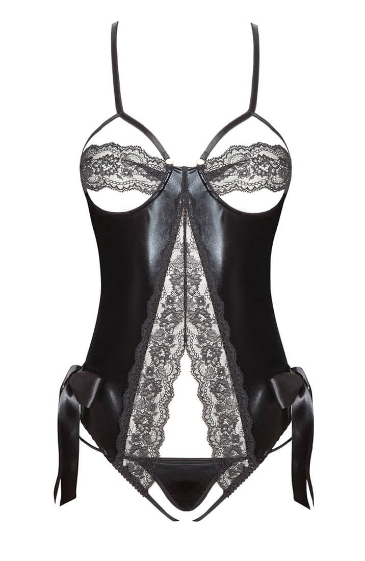 Bundløs wetlook bodysuit med satin cuffs