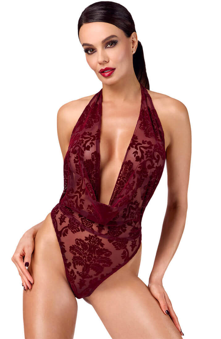 Bordeaux bodysuit med flock broderi fra COAX Copenhagen