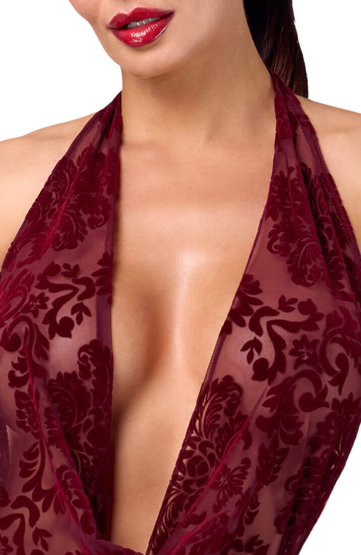 The COAX Fetish bordeaux bodysuit i flock-broderet nylon