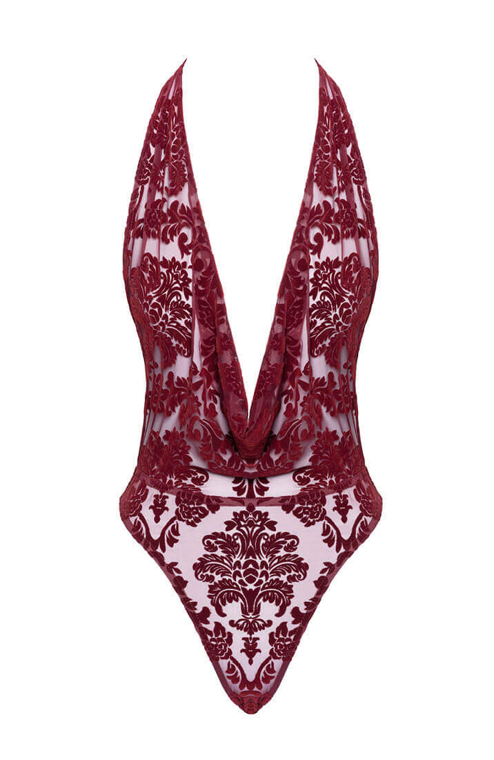 Sensuel bordeaux bodysuit i nylon, håndsyet i Europa