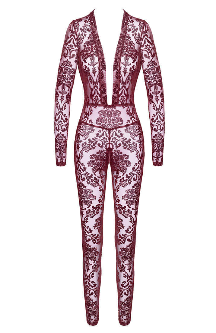 The COAX Fetish bordeaux catsuit i gennemsigtigt nylon med flock mønster