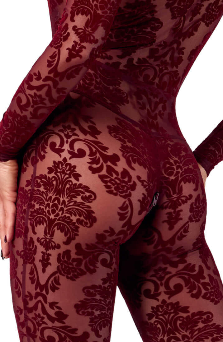 Forførende bordeaux catsuit i nylon med fløjlsdetaljer