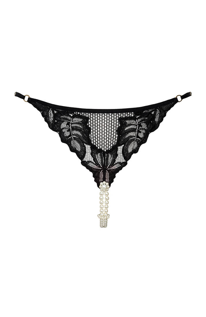 Sort g-string med dobbelt perlesnor i hvide Manacor perler og blonde design
