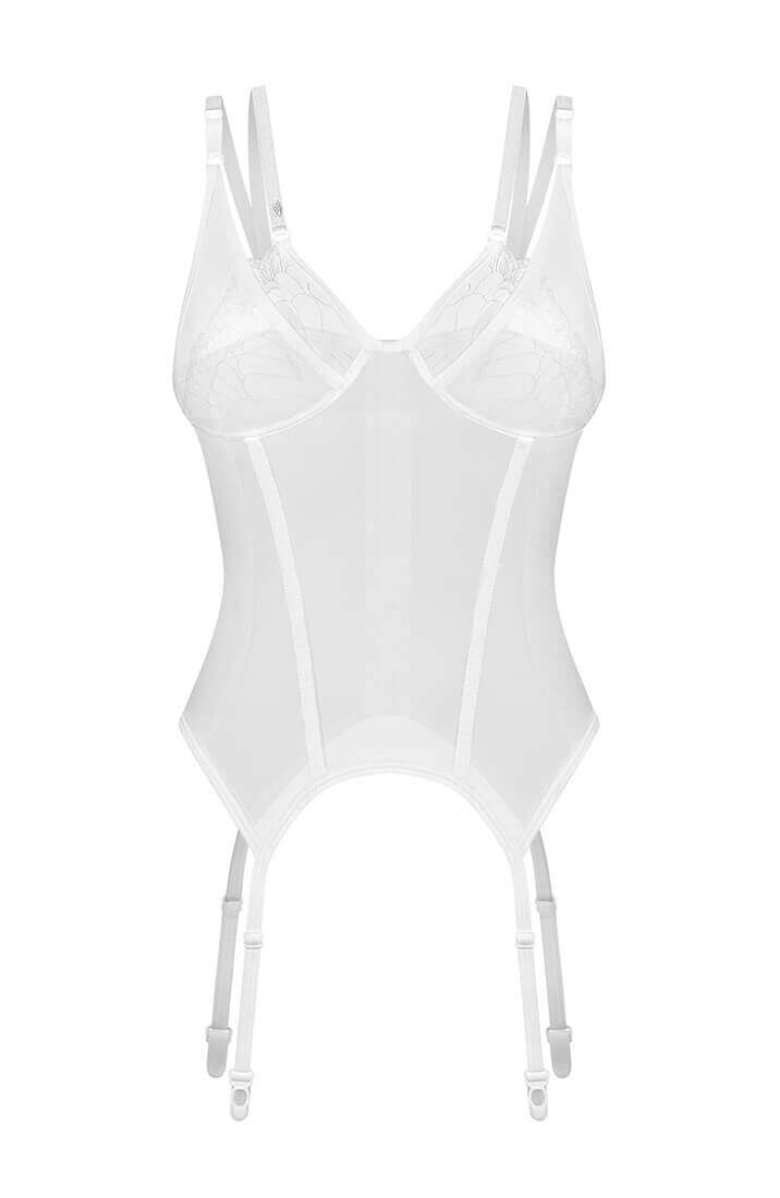 Hvid bustier med strømpeholdere og transparente detaljer - forfra