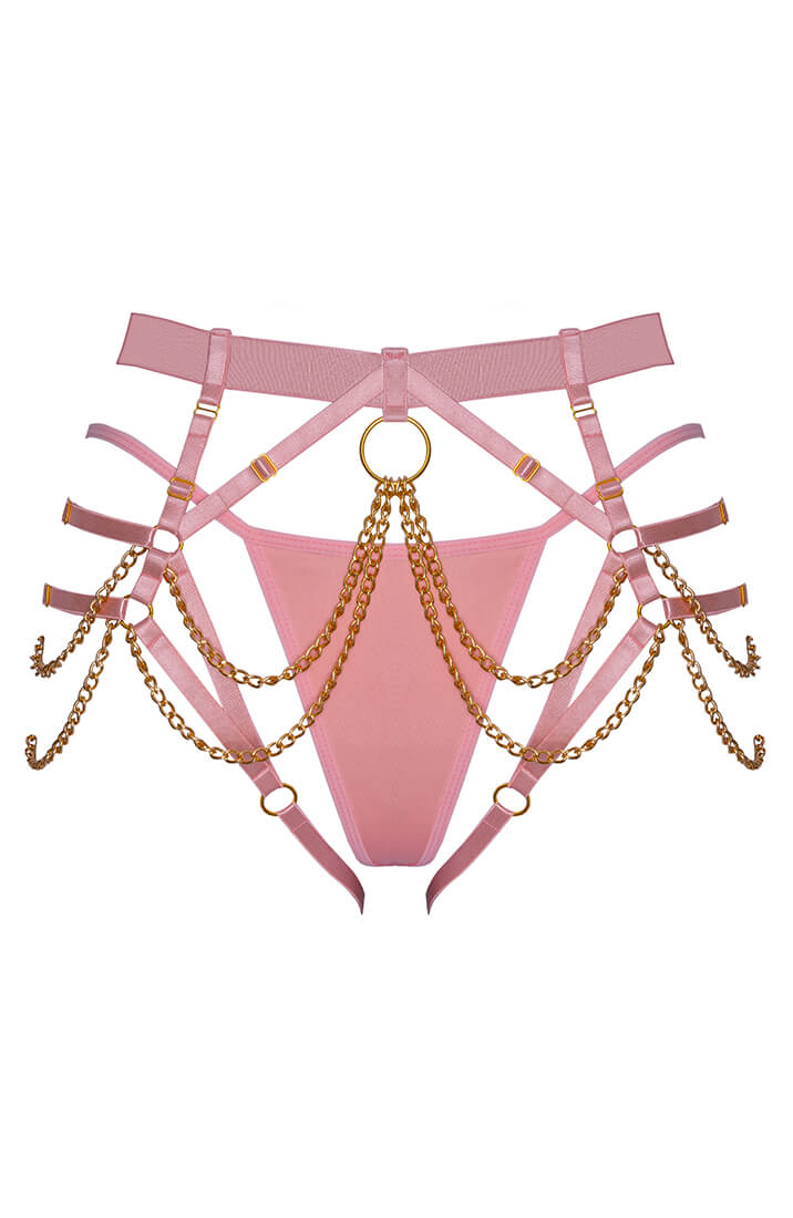 Sensuel harness G-string med kæder og feminin rosa finish