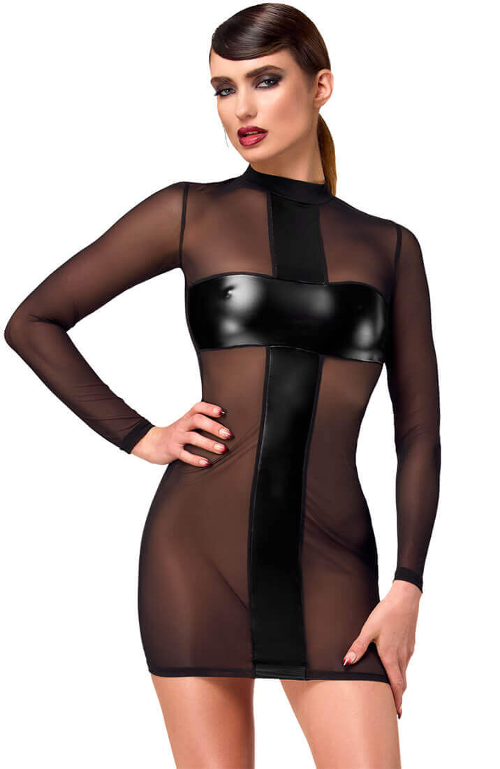 Sort nylon og wetlook mini kjole - erotisk fetish lingeri fra COAX Copenhagen