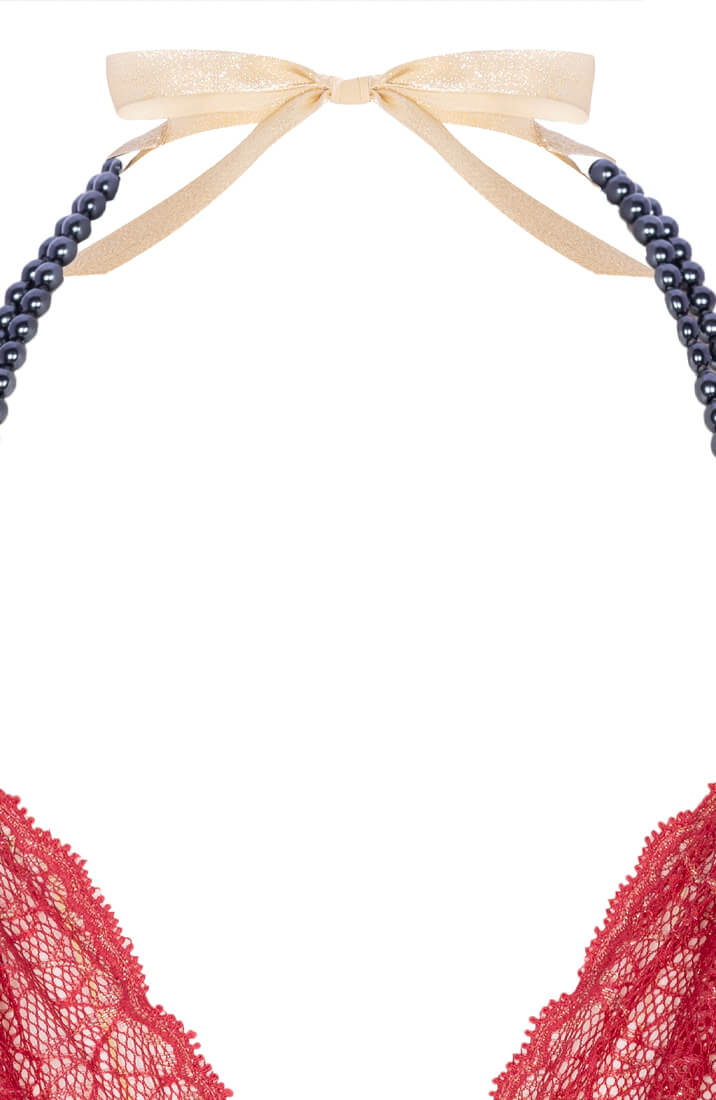 Eksklusiv rød blonde bralette med sort halterneck i Manacor perler fra COAX Copenhagen