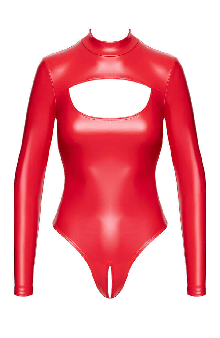 Rød wetlook body med bundløs åbning og tætsiddende pasform - forfra