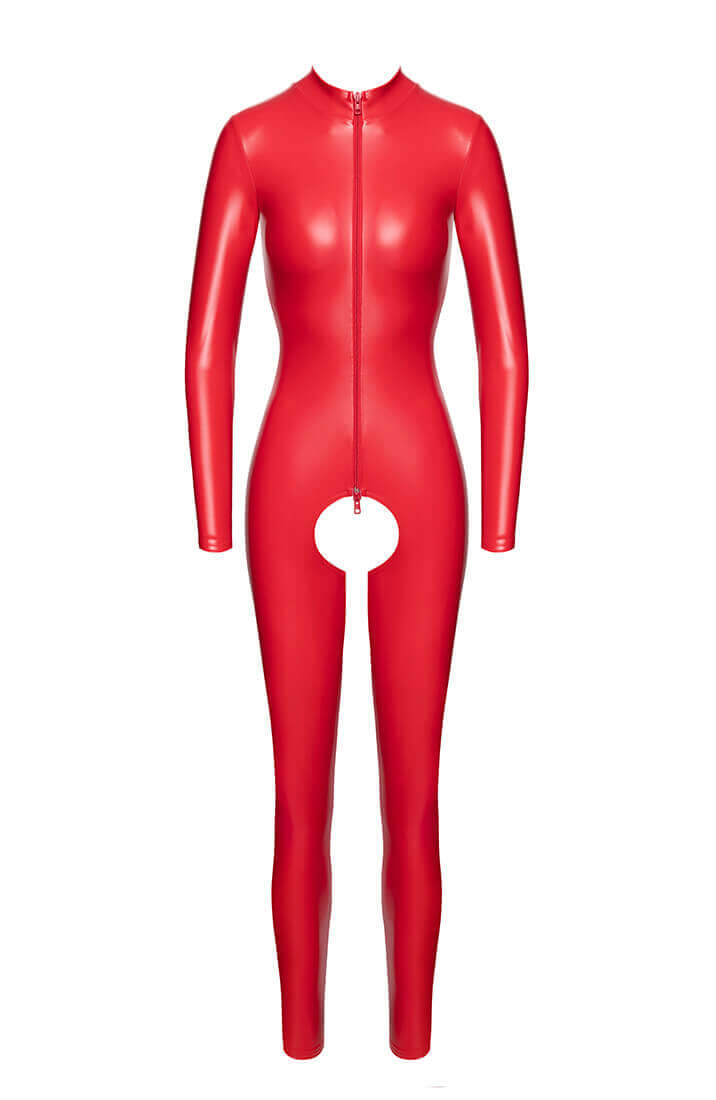 Tætsiddende rød fetish catsuit i wetlook