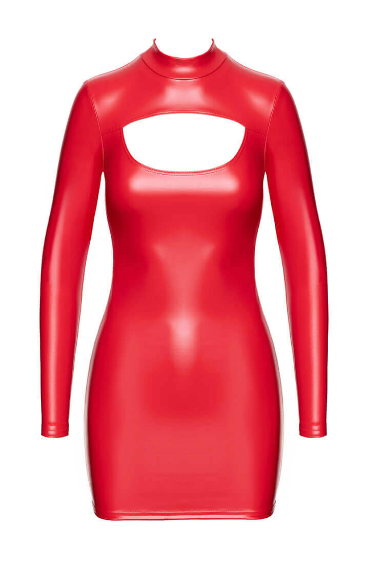 Rød wetlook Bombshell kjole fra COAX Fetish med tætsiddende pasform og markant cut-out