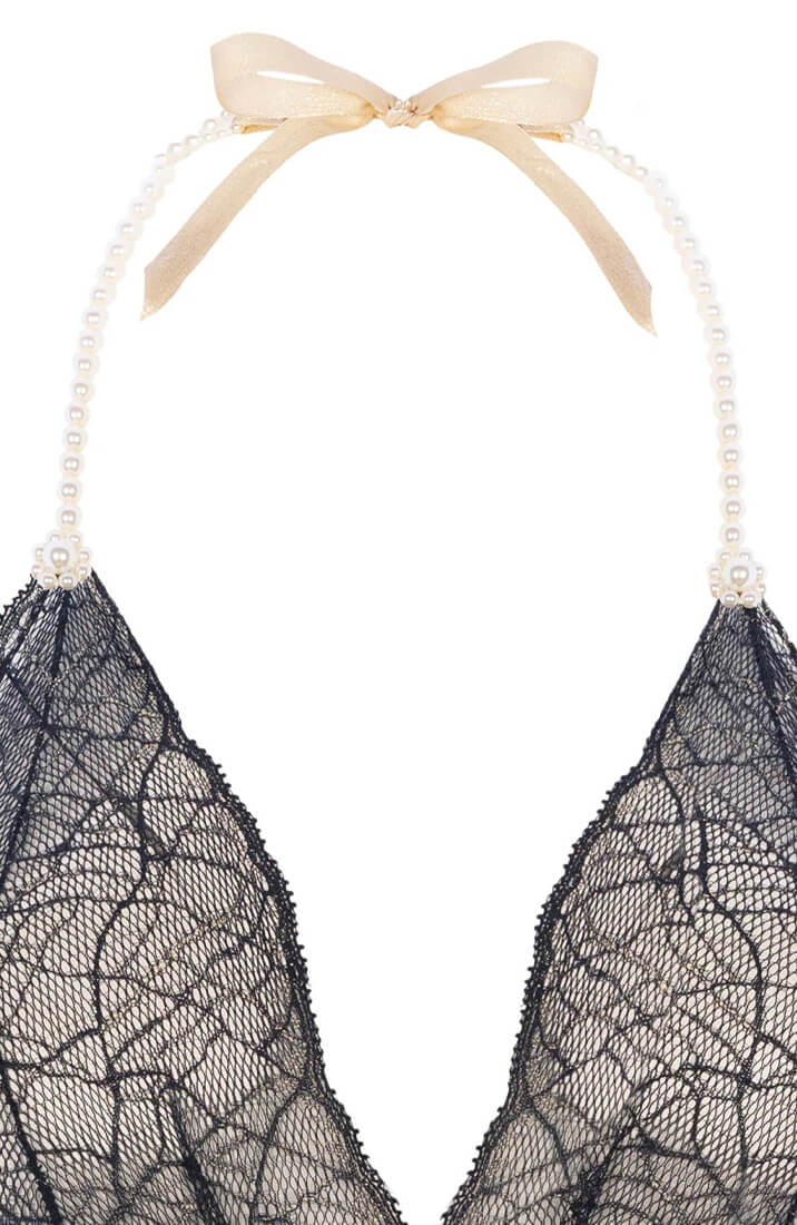 Sort bodysuit med hvide Manacor perler og halterneck