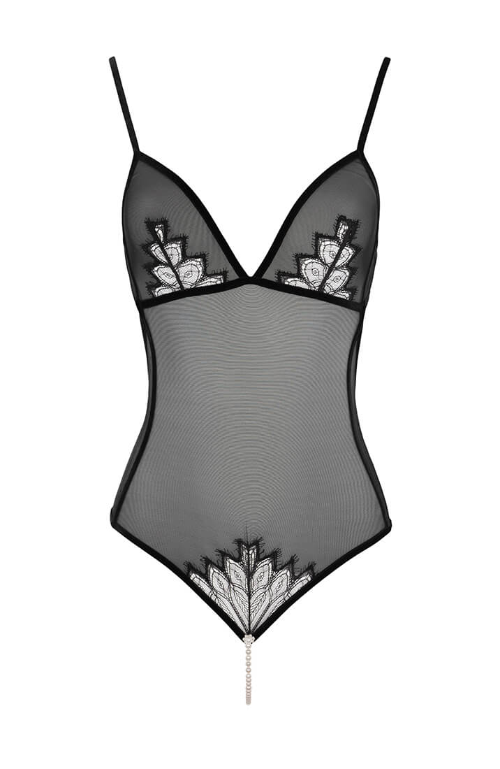 Sort bodysuit med elfenbensfarvede perler og fransk Leavers-blonde
