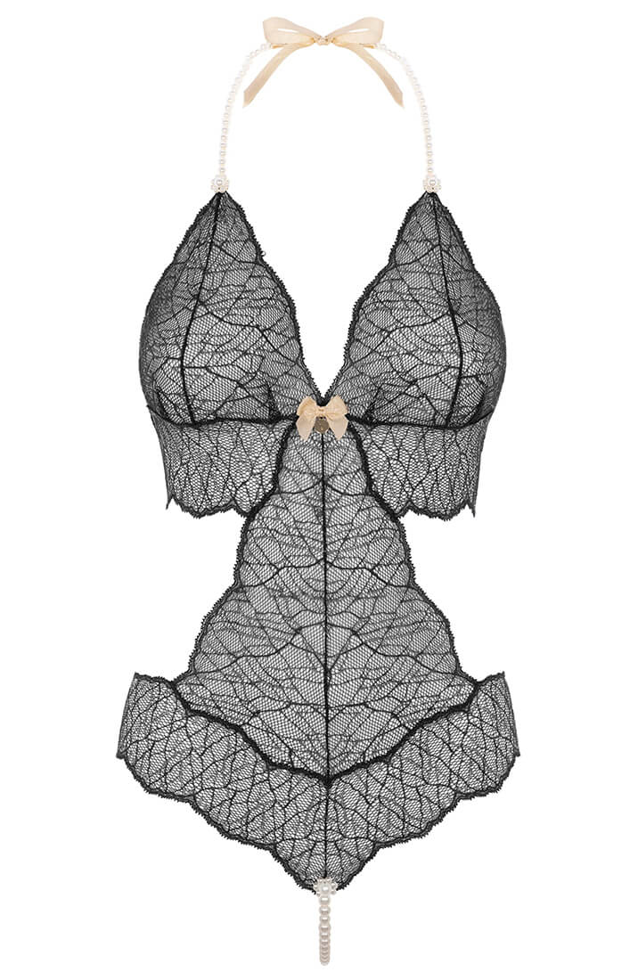 Sort blonde bodysuit med enkelt perlesnor - Luksus lingeri COAX Copenhagen