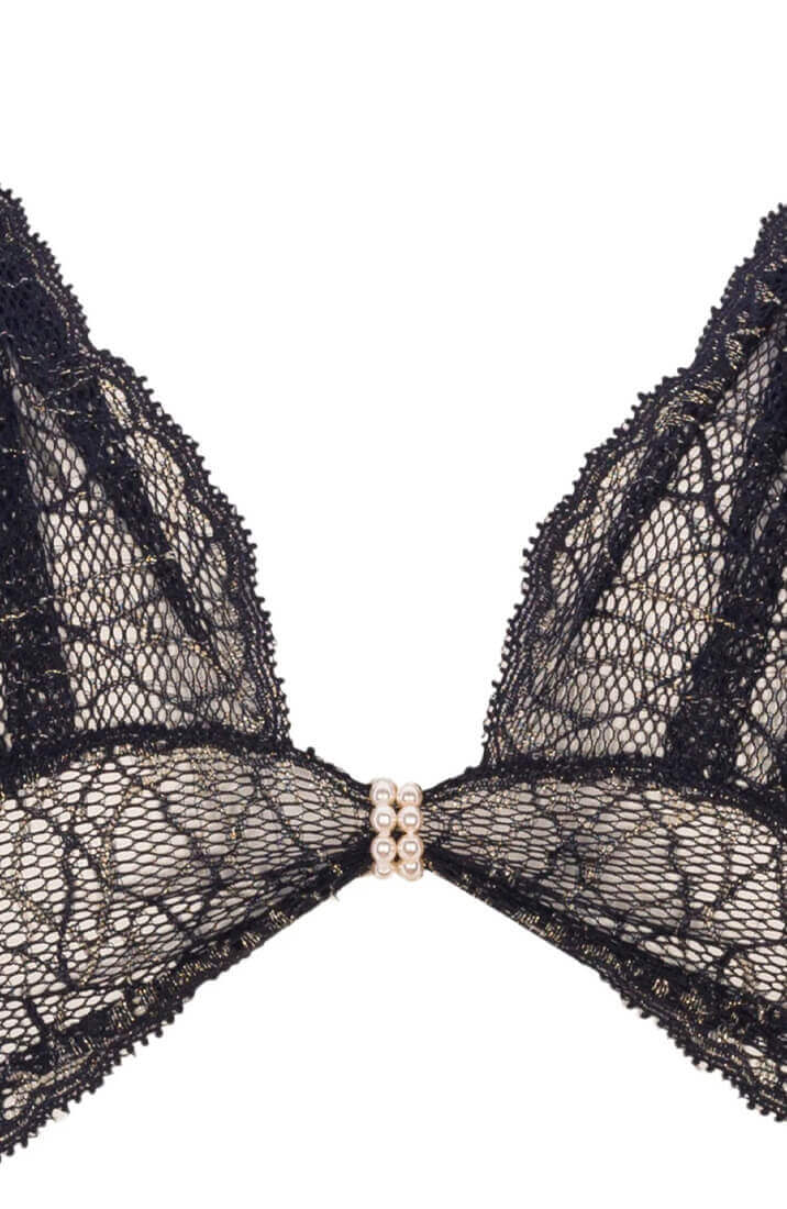 COAX Copenhagen sort blonde bralette med dobbelt perlehalskæde og satin-sløjfe bagpå