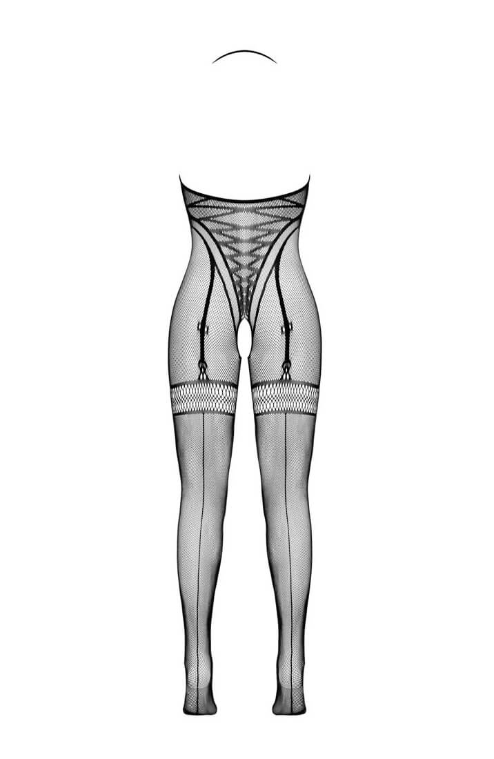 Sort bundløs bodystocking med åben ryg og halterneck