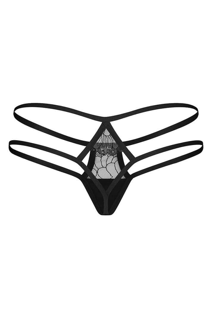 Bagfra visning af sort cage-strap trusse med sensuelle stropper