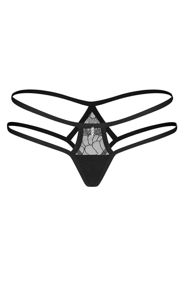 Sort cage-strap trusse med gennemsigtig blonde og udskæringer – forfra