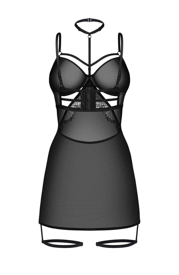 Sort chemise med gennemsigtige nylon paneler og cage-strap design - bagfra