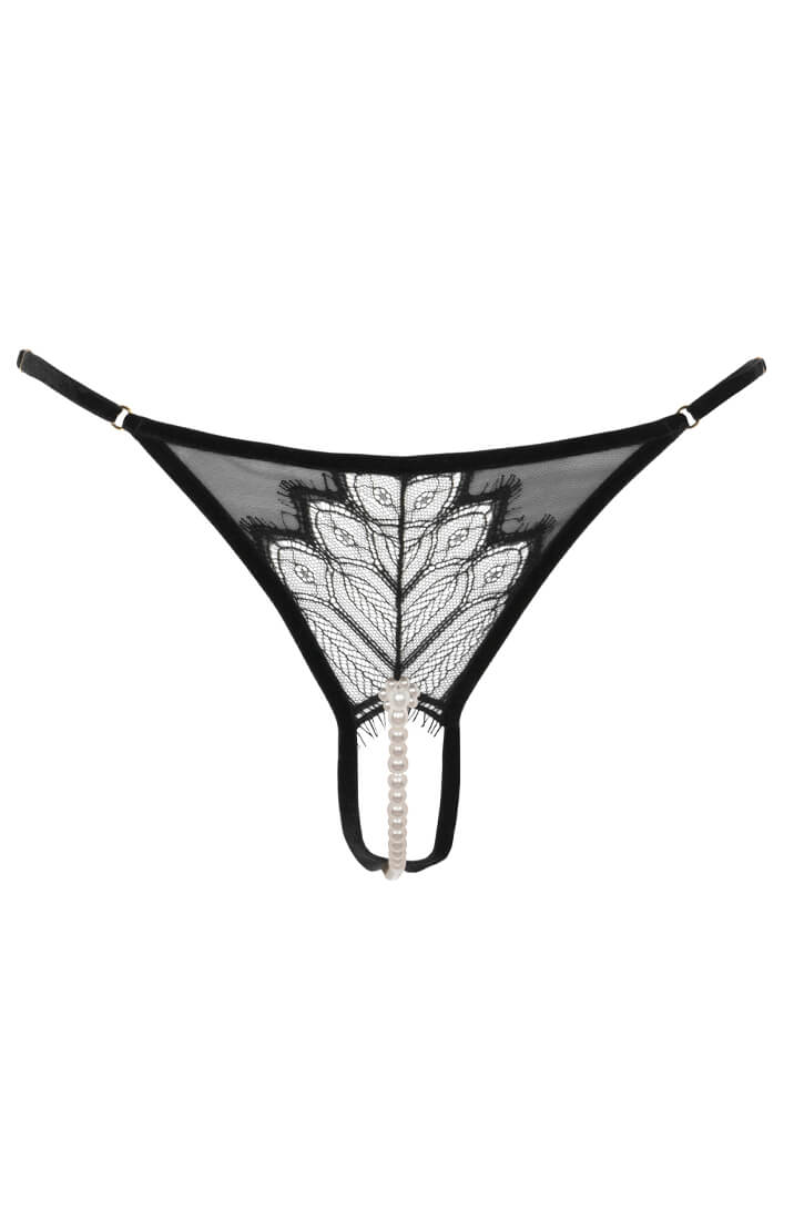 Sort G-string med perler og fransk Leavers-blonde fra Calais