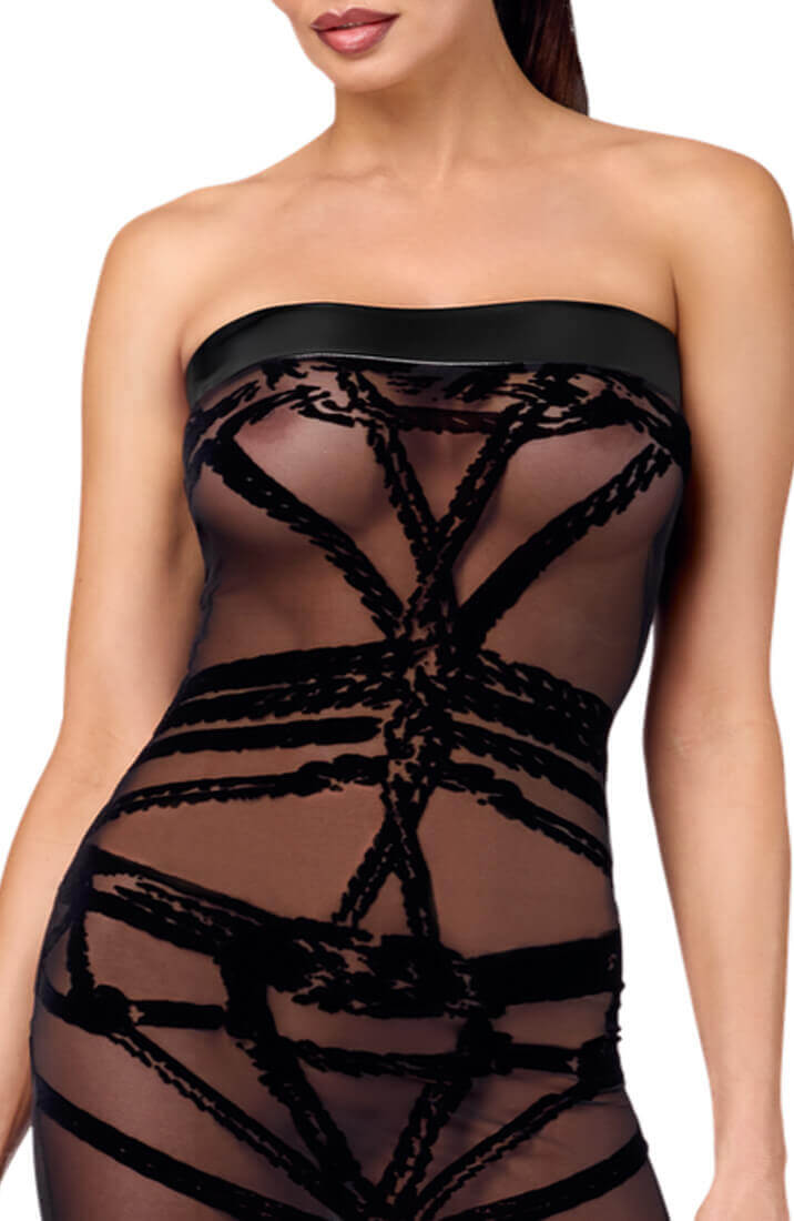 Sort Lang Nylon Tube Kjole med Flocked Shibari Mønster - Obey the Line