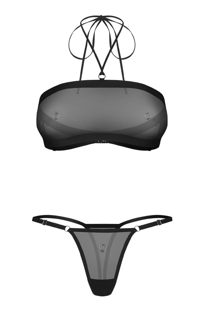 Sort lingerisæt med transparent BH i nylon og matchende stringtrusse