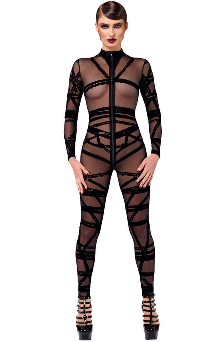 Sort catsuit med flocked bondage reb-mønster og lynlås foran
