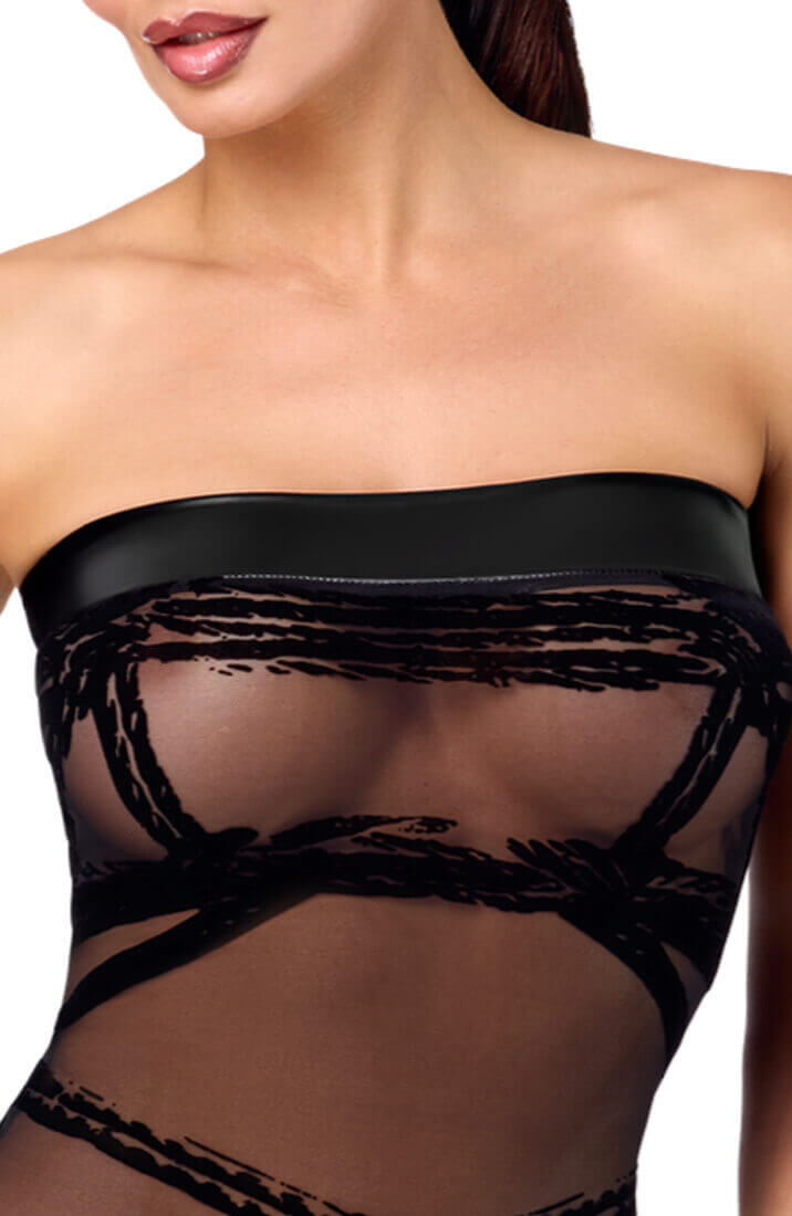 Kort Shibari tube kjole med wetlook-kanter og semi-transparent nylon