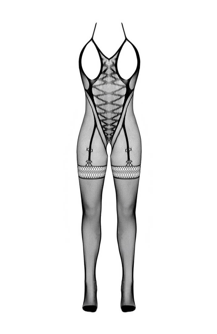 Sort open-cup bodystocking med imiterede strømpeholdere og transparent fishnet