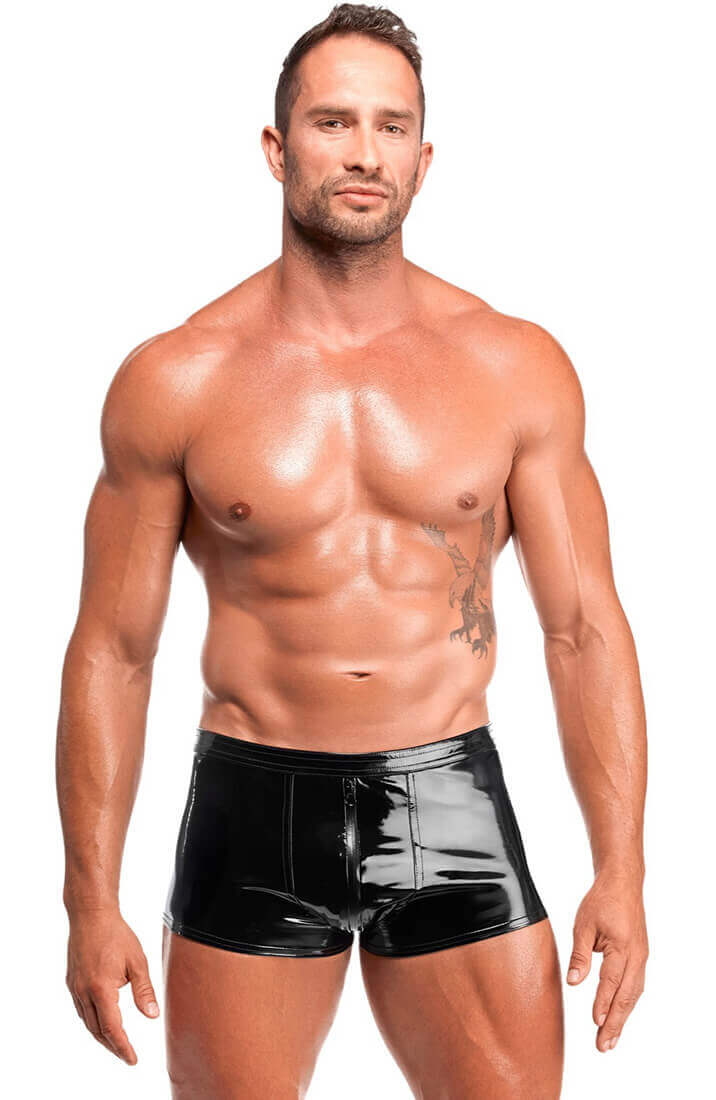 Sorte PVC boxershorts med lynlås og latex-look shine foran