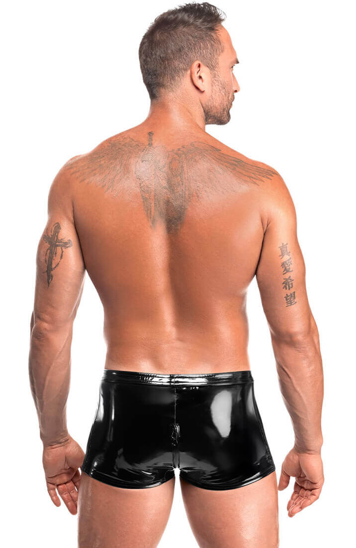 Tætsiddende sorte fetish boxershorts i glossy PVC materiale