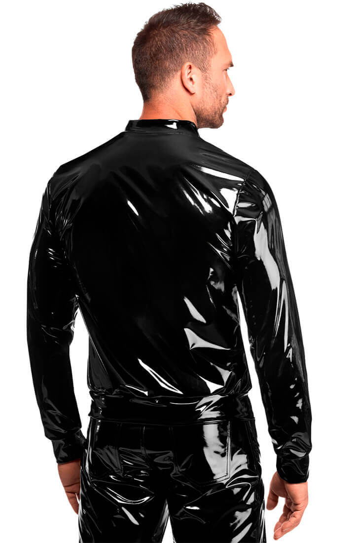 Maskulin wetlook jakke i sort PVC med høj krave