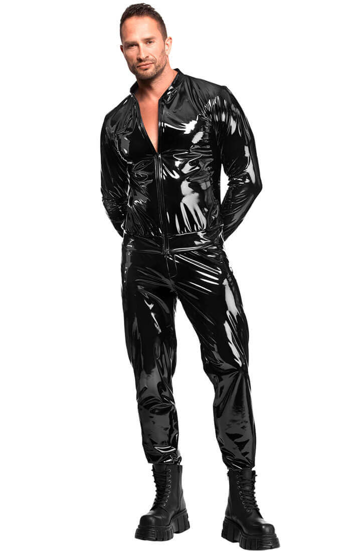 Sort fetish jakke med skinnende PVC finish og matchende bukser