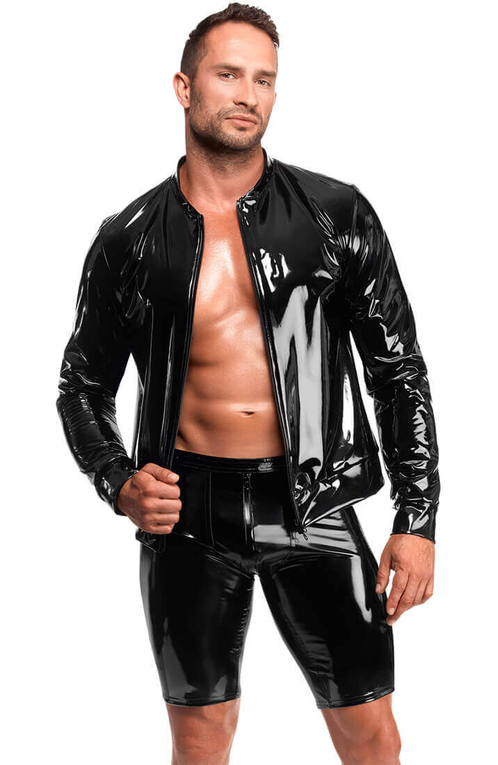 Sort wetlook jakke med lange ærmer og latex-look shine - styles med PVC short til mænd