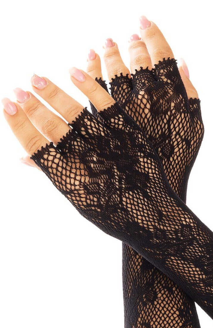 Sorte lange fingerløse handsker med blonde mønster - COAX Copenhagen