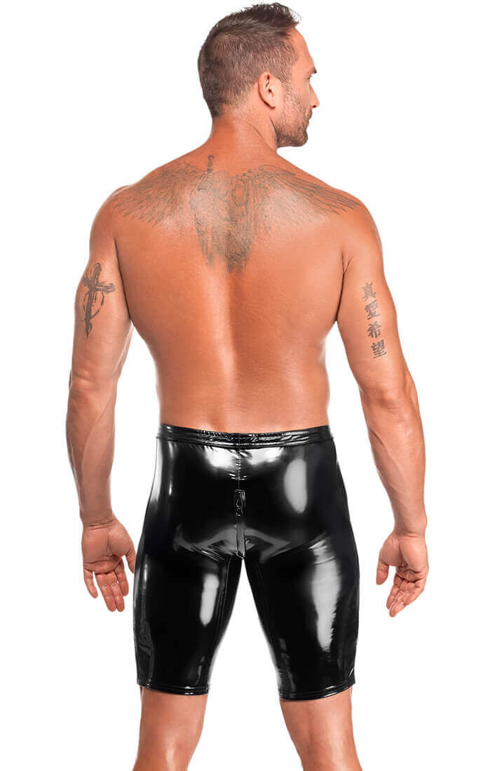 Herre fetish biker shorts i sort PVC med tætsiddende fit