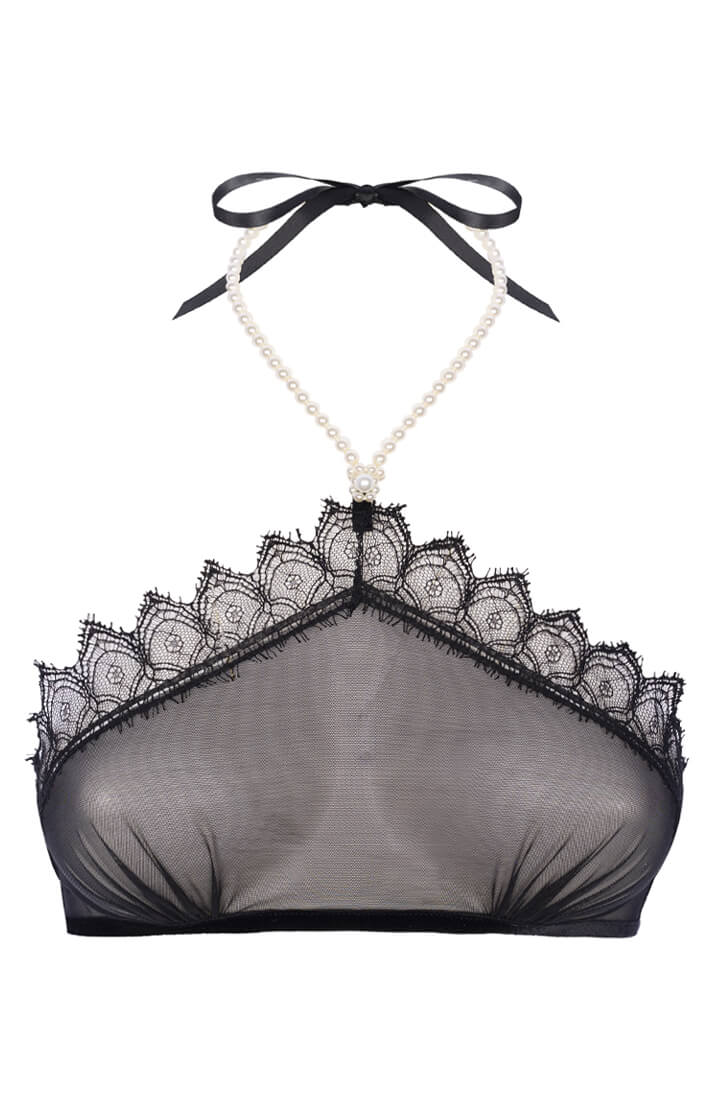 Transparent sort bralette med perlehalterneck og fransk Leavers-blonde