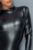 Sort wetlook catsuit med åben ryg og 2-way lynlås