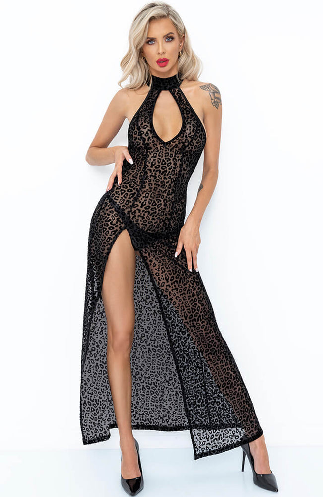 Lang nylon kjole med flock leopard print - Fiercely Wild