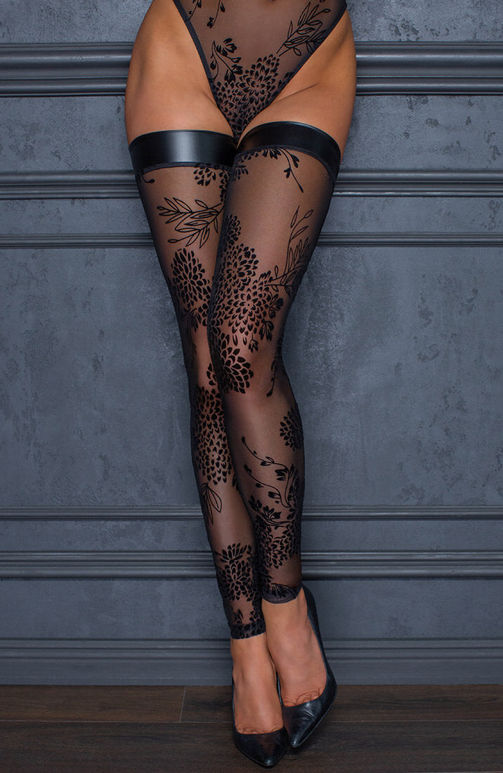 Nylon thigh highs med flock broderi - Piece of Me - COAX Copenhagen